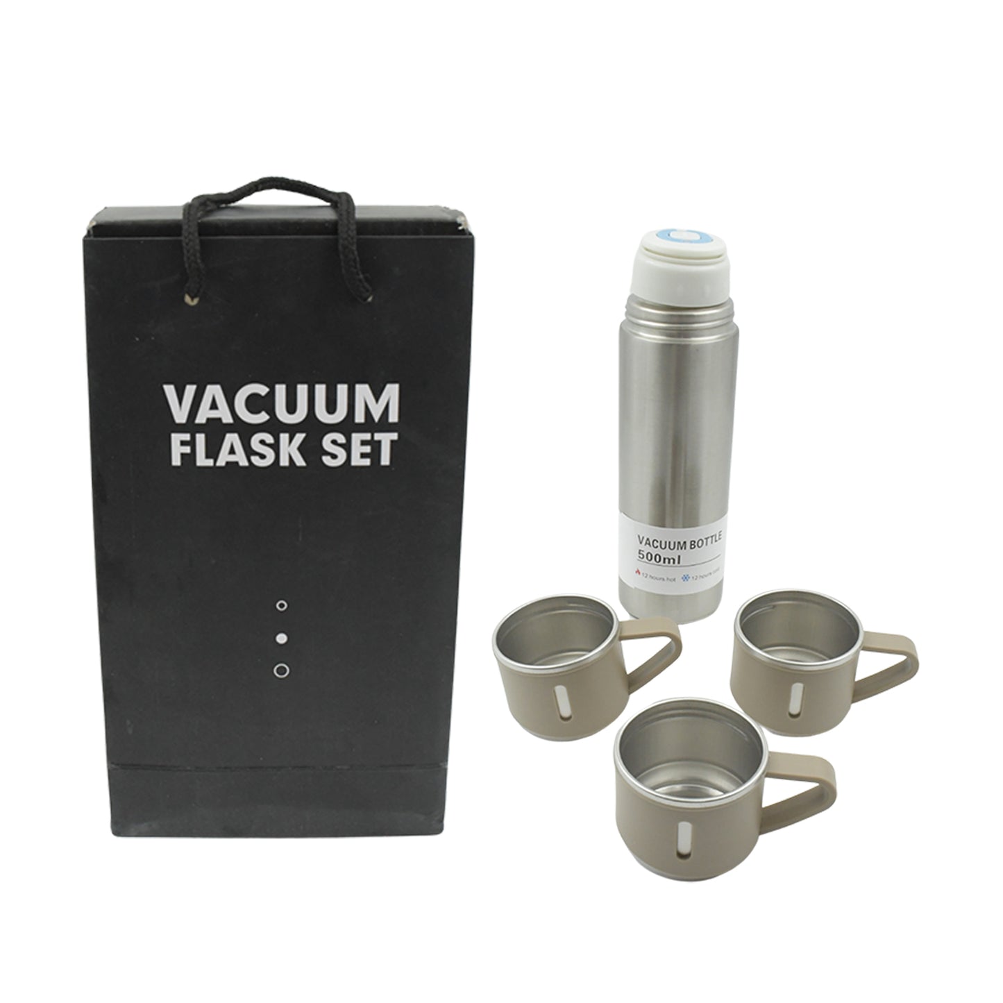 Stainless Steel Vacuum Flask Set With 3 Steel Cups Combo (500ml)