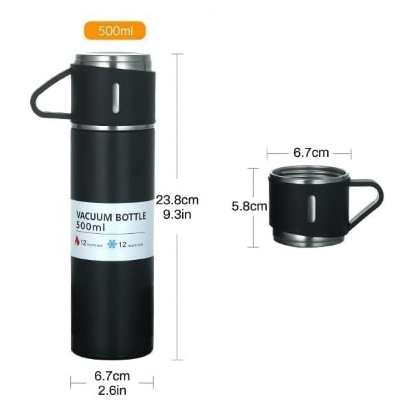 Stainless Steel Vacuum Flask Set With 3 Steel Cups Combo (500ml)