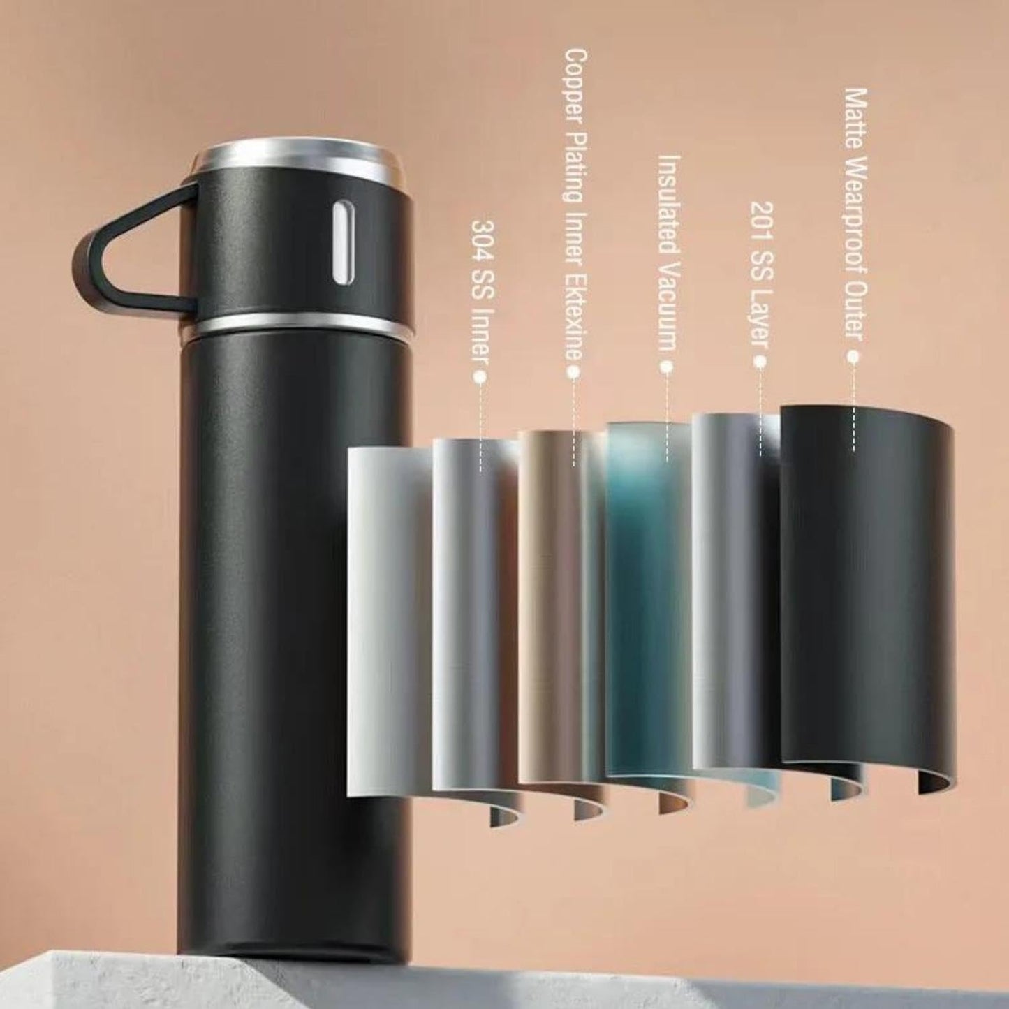 Stainless Steel Vacuum Flask Set With 3 Steel Cups Combo (500ml)