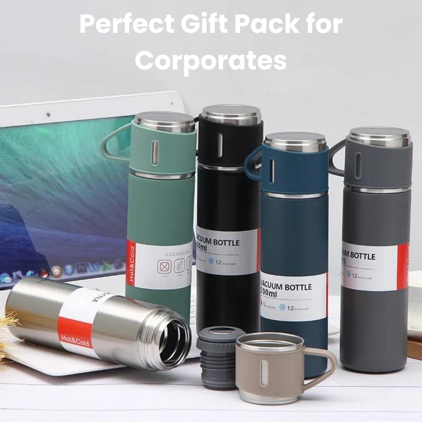 Stainless Steel Vacuum Flask Set With 3 Steel Cups Combo (500ml)