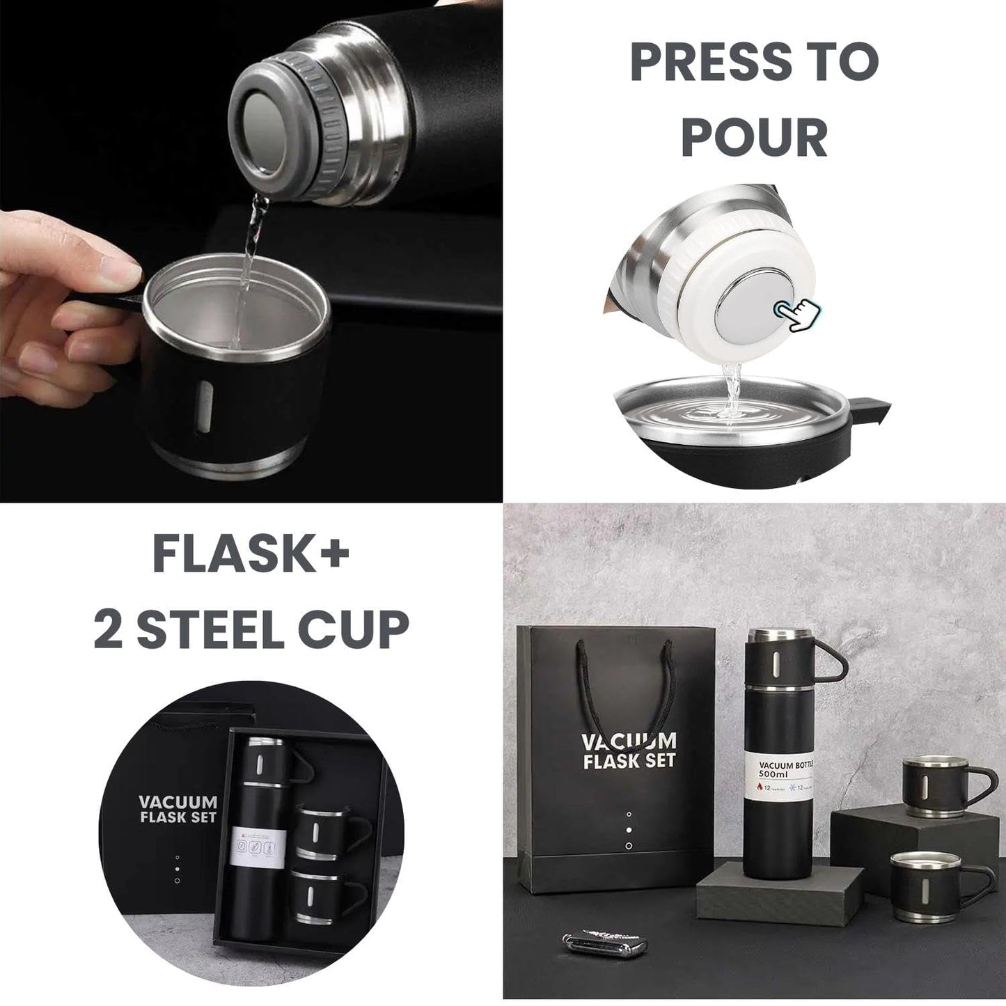 Stainless Steel Vacuum Flask Set With 3 Steel Cups Combo (500ml)