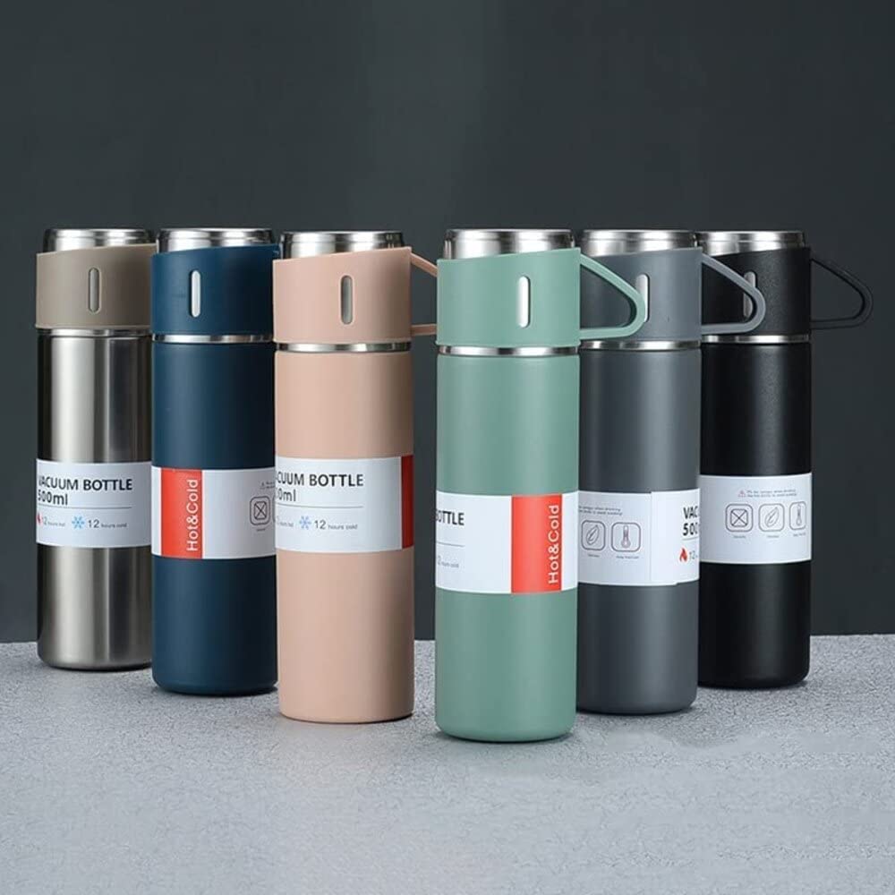 Stainless Steel Vacuum Flask Set With 3 Steel Cups Combo (500ml)