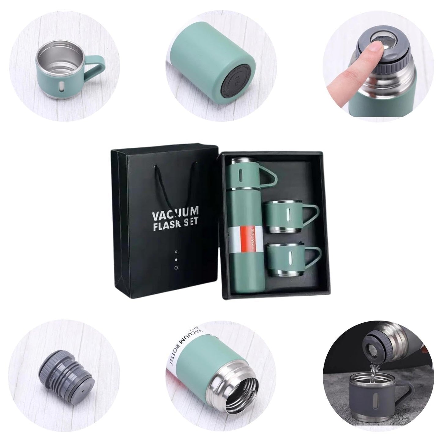 Stainless Steel Vacuum Flask Set With 3 Steel Cups Combo (500ml)